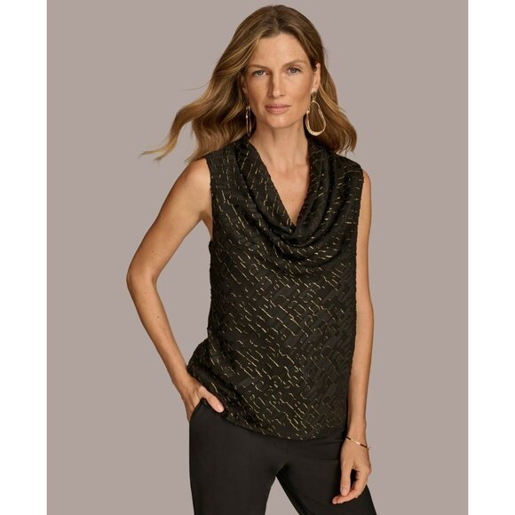 Donna Karan New York Women's Sleeveless Metallic Cowlneck Top Black Size S $89